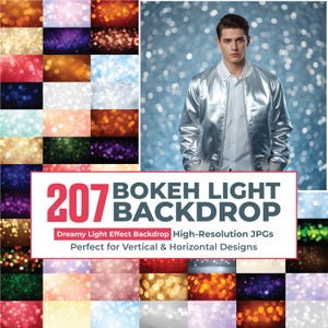 May include: A collection of 207 bokeh light backdrops featuring various colors and patterns, displayed in a grid format alongside a person wearing a metallic silver bomber jacket and a white shirt against a blue bokeh light background.