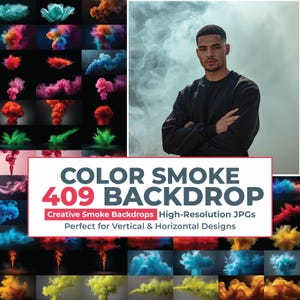 Puede incluir: Una colección digital de 409 fondos de humo de color de alta resolución en varios tonos, incluyendo rojo, azul, verde y amarillo. La pantalla muestra una cuadrícula de patrones de humo y una imagen central de una persona con sudadera negra.
