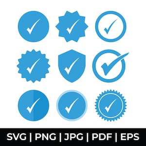 May include: A collection of nine blue checkmark icons in various shapes, including circles, stars, and a shield. Each icon features a white checkmark, with the file types SVG, PNG, JPG, PDF, and EPS listed below.