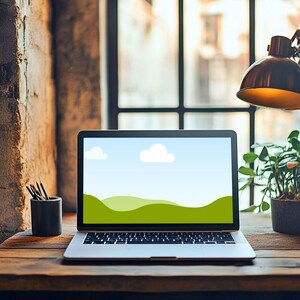 May include: A silver laptop is open on a wooden desk, showing a landscape of green hills and a blue sky with white clouds. A black pencil pot and a potted plant are on the desk. A vintage lamp and a brick wall are in the background.