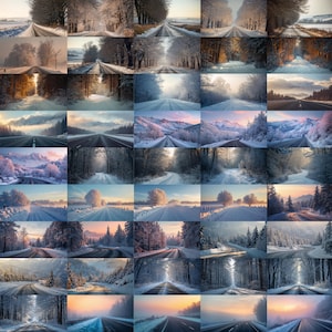 Puede incluir: Un collage de im&aacute;genes que muestran carreteras que serpentean a trav&eacute;s de paisajes nevados. Las escenas representan varios momentos del d&iacute;a, con la luz del sol filtr&aacute;ndose a trav&eacute;s de los &aacute;rboles e iluminando el terreno cubierto de nieve. Las carreteras est&aacute;n despejadas.