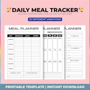 Daily Meal Planner Printable, Meal Tracker, Weekly Food Diary, Food Journal, Daily Food Tracker, Nutrition Chart, Food Log, Diet Planner