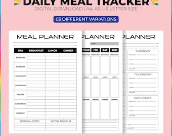 Daily Meal Planner Printable, Meal Tracker, Weekly Food Diary, Food Journal, Daily Food Tracker, Nutrition Chart, Food Log, Diet Planner
