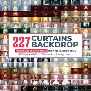 May include: A collage of 227 curtain backdrop images in various colors and styles. The text "227 CURTAINS BACKDROP" is displayed prominently. The image includes the text "Premium Draped Curtain Scenes High-Resolution JPGs 8000px X 4500px Dimension Backgrounds."