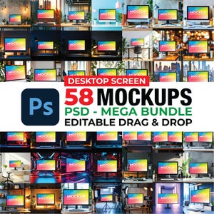 May include: A grid of computer and tablet mockups with the word "MOCKUP" on the screens. The image includes the text "DESKTOP SCREEN 58 MOCKUPS PSD - MEGA BUNDLE EDITABLE DRAG & DROP". The Adobe Photoshop logo is also visible.