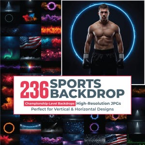 May include: A digital collection of 236 sports backdrops featuring high-resolution JPG files. The display includes various atmospheric effects like glowing neon rings, colorful smoke, fire, lightning, and American flags, alongside a boxer image.