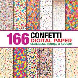 May include: A collection of colorful confetti digital paper patterns. The image displays various designs with confetti in different shapes and colors, including red, yellow, blue, and green. The text "166 Confetti Digital Paper" is prominently displayed.