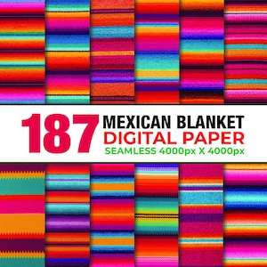 May include: A collection of colorful Mexican blanket digital paper designs. The image displays various patterns with vibrant stripes in shades of red, orange, yellow, blue, and purple. The text reads "187 Mexican Blanket Digital Paper Seamless 4000px x 4000px."