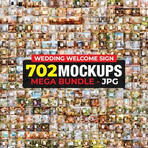 Puede incluir: Un collage de maquetas de carteles de bienvenida de boda. La imagen presenta una variedad de escenarios, incluyendo escenas interiores y exteriores, con arreglos florales y elementos decorativos. El texto en la imagen dice "WEDDING WELCOME SIGN 702 MOCKUPS MEGA BUNDLE - JPG".