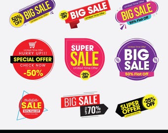 Pode incluir: Uma coleção de nove emblemas promocionais coloridos com várias formas e textos, incluindo Big Sale, Super Sale, Special Offer e descontos percentuais como 25% off, 50% off e up to 70% off, com etiquetas de formato de arquivo SVG, PNG, JPG, PDF, EPS.