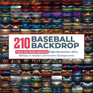 May include: A collection of 210 baseball backdrop images. The backgrounds feature various stadium scenes with dynamic lighting and effects. The text on the image reads "210 BASEBALL BACKDROP" and "Game-Day Ready Backdrop High-Resolution JPGs 8000px X 4500px Dimension Backgrounds."