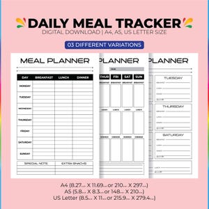 Planificador de comidas diario imprimible / Planificador semanal de comidas en PDF / 3 variantes de diseño / Registro de desayuno, almuerzo y cena / Tamaño A4 / A5 (carta estadounidense)