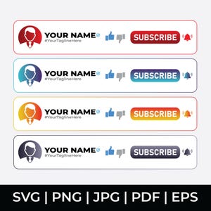 Puede incluir: Cuatro diseños coloridos de botones de suscripción de YouTube. Cada botón presenta un icono de perfil, el texto "YOUR NAME", iconos de pulgar hacia arriba y hacia abajo, un botón "SUBSCRIBE" y un icono de campana. La parte inferior de la imagen muestra opciones de tipo de archivo.