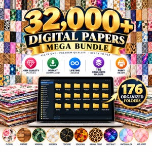Peut inclure: Un lot de produits numériques comprenant plus de 32 000 papiers numériques avec un ordinateur portable affichant 176 dossiers organisés. Le graphique inclut des étiquettes pour fichiers JPG, téléchargement, accès et impression.