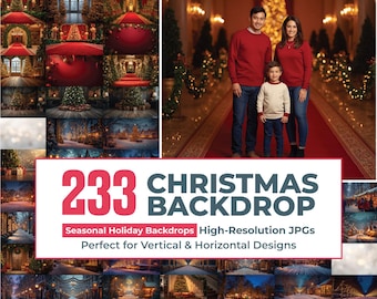 May include: A digital collection of 233 Christmas backdrop images featuring various holiday scenes, including indoor halls with red carpets, decorated Christmas trees, and snowy outdoor landscapes, presented as high-resolution JPG files.