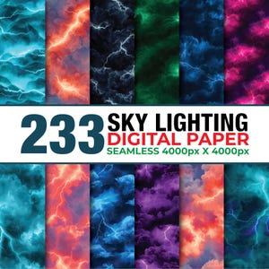 Könnte beinhalten: Eine Sammlung digitaler Papiere mit Himmel- und Blitzdesigns. Die Papiere zeigen verschiedene Farbschemata, darunter Blau, Orange, Grün und Lila, mit dynamischen Blitzmustern. Der Text lautet "233 SKY LIGHTING DIGITAL PAPER SEAMLESS 4000px X 4000px."