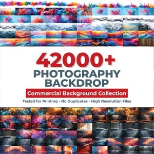 Può includere: Una collezione di sfondi fotografici con vari disegni astratti in colori vivaci. L'immagine mostra una varietà di sfondi, con il testo "42000+ PHOTOGRAPHY BACKDROP" e "Commercial Background Collection". Gli sfondi sono testati per la stampa e sono file ad alta risoluzione.
