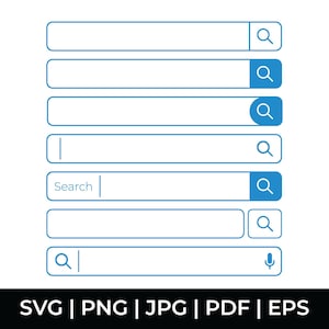以下が含まれることがあります： 青い検索バーがいくつかあり、虫眼鏡のアイコンとマイクのアイコンが1つあります。 「Search」という単語がバーの1つにあります。 画像の下部には「SVG | PNG | JPG | PDF | EPS」というテキストがあります。