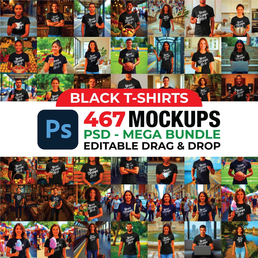 467 PSD Black T-shirt Mockup Bundle, PSD Black Heavy Cotton Tee Mockup ...