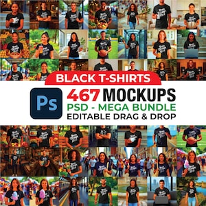 Pode incluir: Imagem promocional mostrando um pacote de 467 mockups de camisetas pretas. A imagem apresenta várias pessoas usando camisetas pretas com o texto "Your Design Here". A imagem também inclui o texto "BLACK T-SHIRTS" e "PSD - MEGA BUNDLE".