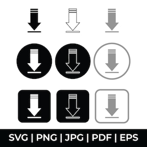 Op de afbeelding: Een verzameling downloadpictogrammen in zwart, wit en grijs. De pictogrammen hebben verschillende vormen, waaronder een vierkant, een cirkel en een standaard downloadpijl. De tekst onderaan luidt: SVG | PNG | JPG | PDF | EPS.