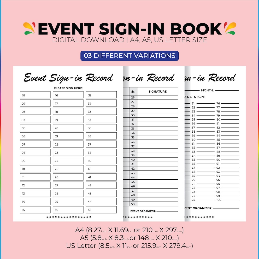 Event Sign In Roster Event Sign-in Book Printable, Event Attendance Sheet, Sign in Record ...