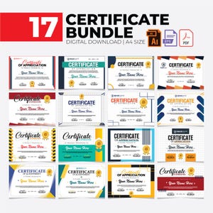 Puede incluir: Un paquete de certificados de descarga digital con 17 diseños. Cada plantilla de certificado incluye espacio para un nombre y está disponible en formatos AI, EPS y PDF. Los certificados tienen varios esquemas de color y diseños.