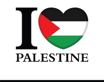 May include: A graphic design featuring a large black letter I, a heart shape filled with the black, white, green, and red colors of the Palestinian flag, and the word PALESTINE in black capital letters below the heart and letter.