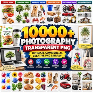 May include: A digital collection of 10,000+ photography transparent PNG files featuring diverse categories like food, plants, animals, objects, vehicles, and buildings. The library includes high-resolution assets for graphic design, printables, and commercial use, displayed with sample images of burgers, pets, cars, and home interiors.