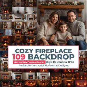 Op de afbeelding: Een digitale collectie van 109 hoge resolutie haardachtergronden met diverse warme, gezellige interieurscènes. De promotionele afbeelding toont de tekst COZY FIREPLACE 109 BACKDROP, Warm & Cozy Fireplace Scenes, High-Resolution JPGs.