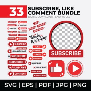 May include: A digital download bundle with 33 elements for YouTube content creators. The design features red and white graphics, including "Subscribe," "Like," and "Comment" buttons, along with a transparent circle and a "Thanks for Watching" message.