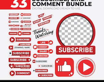 33 Abonnieren, Kommentieren, Liken, Teilen, Speichern, Abspielen SVG Bundle, Abonnieren Button Benachrichtigungsglocke, Like, Bell, Benachrichtigungstaste für Video PNG