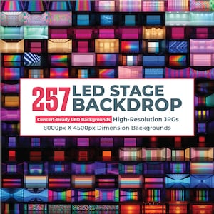 May include: A grid of colorful LED stage backdrops in various designs and colors, including pink, blue, and orange. The image includes the text "257 LED STAGE BACKDROP" and details about the backgrounds.