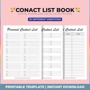 Contacts List Editable, Contacts Organizer, Address Directory, Phone Directory, Contact Log, Contact Information, Work/Business Contact List