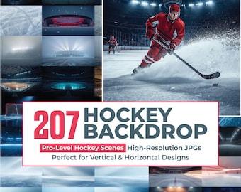 May include: A collection of 207 hockey backdrop images featuring professional hockey scenes, including a player in a red jersey skating on ice, stadium interiors, and rink views. The text 207 HOCKEY BACKDROP Pro-Level Hockey Scenes High-Resolution JPGs is visible.