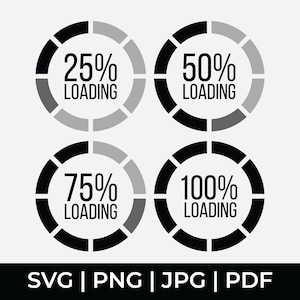 Puede incluir: Cuatro indicadores de progreso de carga circulares en negro y gris, que muestran el 25%, 50%, 75% y 100% de carga. El texto "LOADING" está debajo de cada porcentaje. La parte inferior de la imagen muestra "SVG | PNG | JPG | PDF".