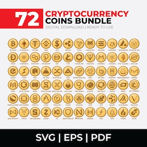 Könnte beinhalten: Ein digitaler Download mit 72 Kryptowährungs-Coins, darunter Bitcoin und Ethereum. Das Design ist in Gold und Weiß gehalten, mit dem Text "CRYPTOCURRENCY COINS BUNDLE" oben. Verfügbar in SVG-, EPS- und PDF-Formaten.