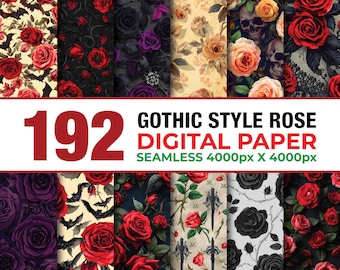Papel digital sem emendas com 192 rosas góticas, papel floral escuro, tecido de juta sem emendas, papel para scrapbook gótico escuro, fundo floral vintage.
