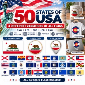 Puede incluir: Una colección digital de 50 banderas de estados de EE. UU. en variantes rectangulares, circulares y de chincheta. Incluye formatos SVG, EPS, PDF, JPG y PNG. Muestra la bandera de la California Republic con un oso y una estrella roja.