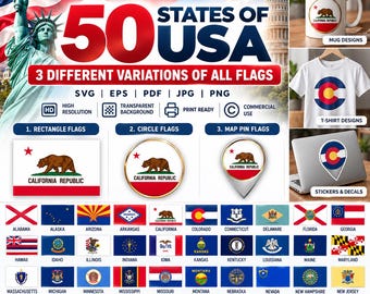 Può includere: Una collezione digitale di 50 bandiere degli stati USA in varianti rettangolari, circolari e a forma di puntina. Include formati file SVG, EPS, PDF, JPG e PNG. Presenta la bandiera della California Republic con un orso e una stella rossa.
