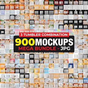 Puede incluir: Una colección de maquetas de vasos en varios entornos y estilos. La imagen presenta una cuadrícula de diseños de vasos con diferentes fondos e iluminación. El texto de la imagen dice "3 Tumbler Combination 900 Mockups Mega Bundle - JPG."