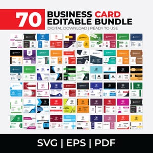May include: A collection of 70 business card designs in various colors, including red, blue, green, and yellow. The text "BUSINESS CARD EDITABLE BUNDLE" is displayed above the cards. The image also includes the text "DIGITAL DOWNLOAD | READY TO USE" and file type options.