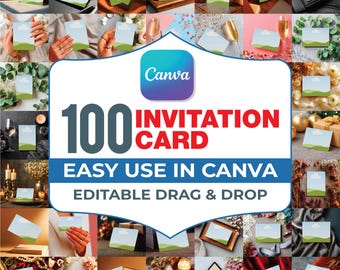 May include: A promotional image for Canva invitation cards. The image features multiple cards with a landscape design, a blue sky, and green hills. The text on the image reads "100 INVITATION CARD EASY USE IN CANVA EDITABLE DRAG & DROP".
