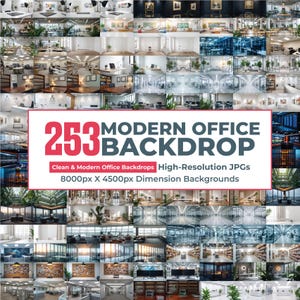 May include: A collage of modern office backdrops. The image features a variety of office settings, including open workspaces, libraries, and individual offices. Text on the image reads "253 MODERN OFFICE BACKDROP" and "Clean & Modern Office Backdrops High-Resolution JPGs 8000px X 4500px Dimension Backgrounds."