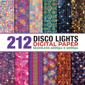 Puede incluir: Una colección de 212 diseños de papel digital con temática de luces de discoteca. Los diseños presentan varios patrones, incluyendo mosaicos, formas geométricas y efectos brillantes. El texto en la imagen dice "DISCO LIGHTS DIGITAL PAPER SEAMLESS 4000px X 4000px."