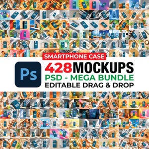 Op de afbeelding: Een samengestelde afbeelding met talrijke mockups van smartphonehoesjes. De afbeelding toont een verscheidenheid aan hoesjes in verschillende omgevingen, met de tekst "Smartphone Case" en "428 Mockups" prominent aanwezig. De mockups zijn ontworpen voor PSD-bestanden en bieden een bewerkbare drag-and-drop-ervaring.