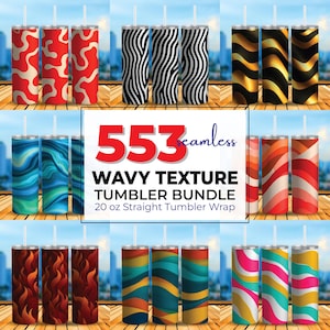 Könnte beinhalten: Eine Sammlung von 20 oz geraden Bechern mit verschiedenen wellenförmigen Texturdesigns. Die Becher weisen Muster in Rot, Schwarz, Gold, Blau, Orange und anderen Farben auf. Das Bild enthält den Text "553 Wavy Texture Tumbler Bundle".