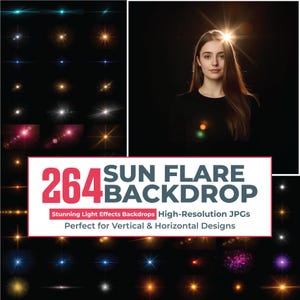 Puede incluir: Una colección de 264 fondos digitales de destellos solares con diversos efectos de luz en tonos azules, dorados, blancos y rosas sobre fondos negros, incluyendo una imagen de muestra de una persona con un efecto de luz brillante sobre la cabeza.