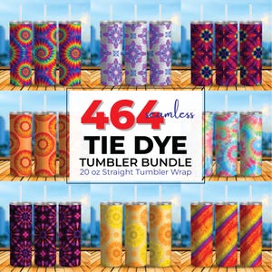 Może przedstawiać: Kolekcja kubków prostych o pojemności 590 ml z różnymi wzorami tie-dye. Kubki prezentują żywe wzory w kolorach takich jak czerwony, pomarańczowy, żółty, niebieski i fioletowy. Obraz zawiera tekst "464 seamless TIE DYE TUMBLER BUNDLE".
