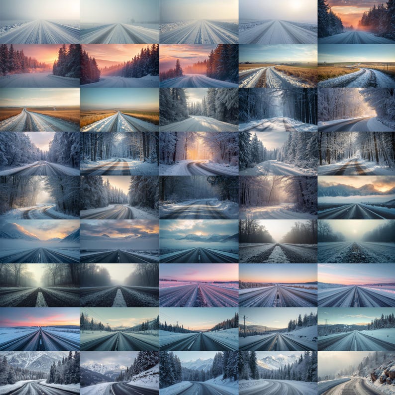Puede incluir: Una cuadr&iacute;cula de 42 im&aacute;genes que muestran varias vistas panor&aacute;micas de carreteras. Las carreteras est&aacute;n rodeadas de &aacute;rboles cubiertos de nieve, campos y monta&ntilde;as. Las im&aacute;genes presentan diferentes momentos del d&iacute;a, con diferentes condiciones de iluminaci&oacute;n y clima.